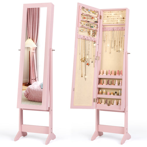 Mirrored Standing Jewelry Cabinet Storage Box, Pink