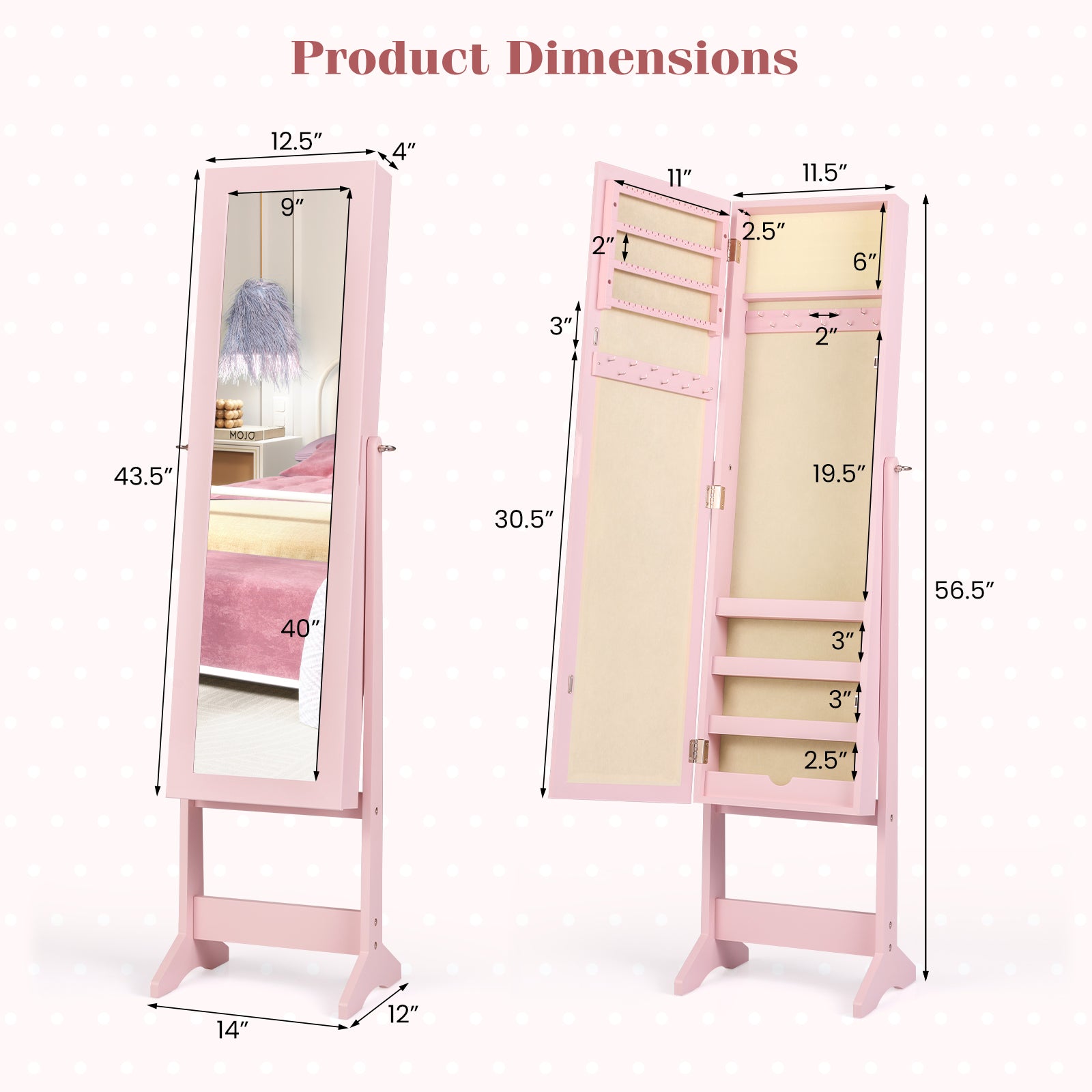 Mirrored Standing Jewelry Cabinet Storage Box, Pink Jewelry Armoires at Gallery Canada
