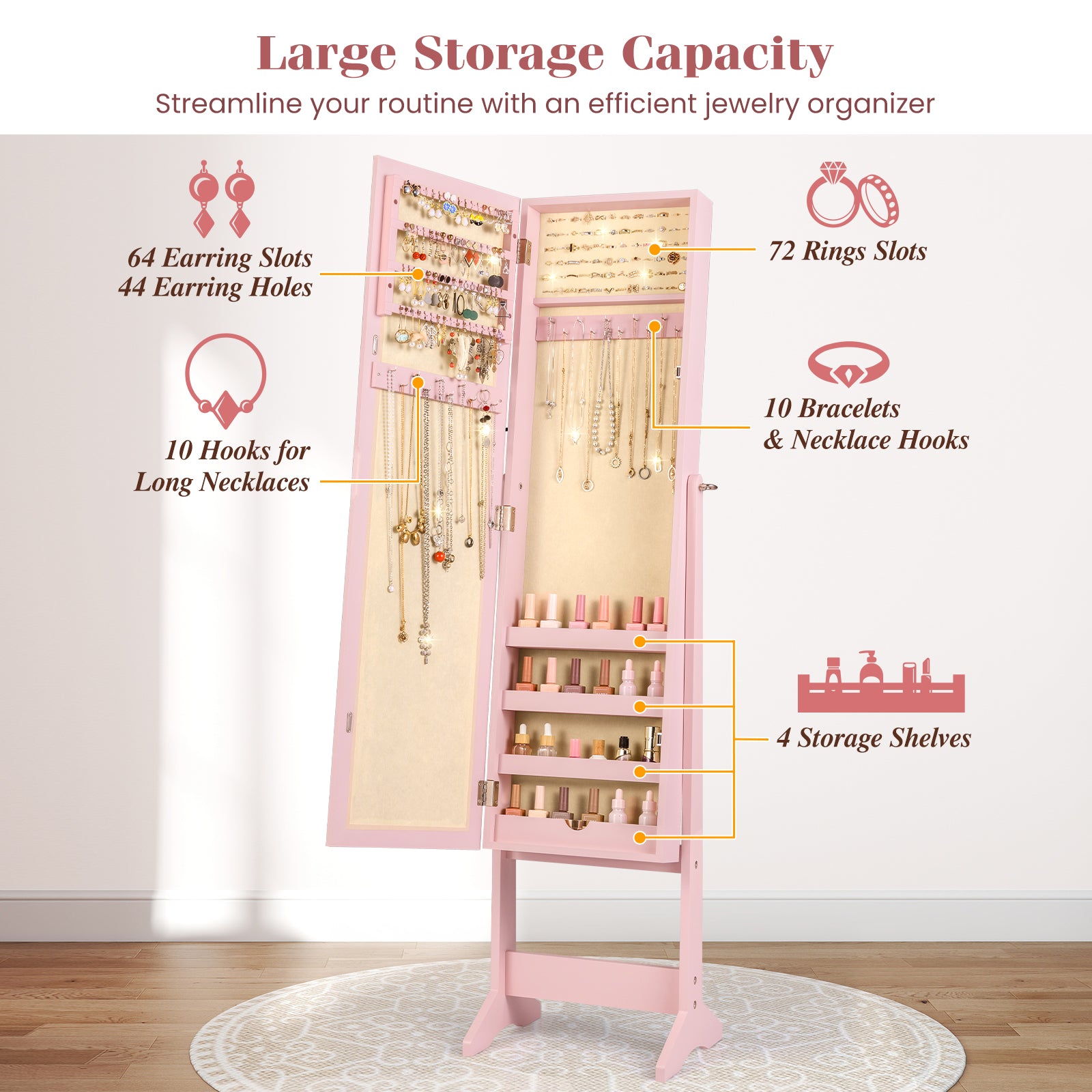 Mirrored Standing Jewelry Cabinet Storage Box, Pink Jewelry Armoires at Gallery Canada