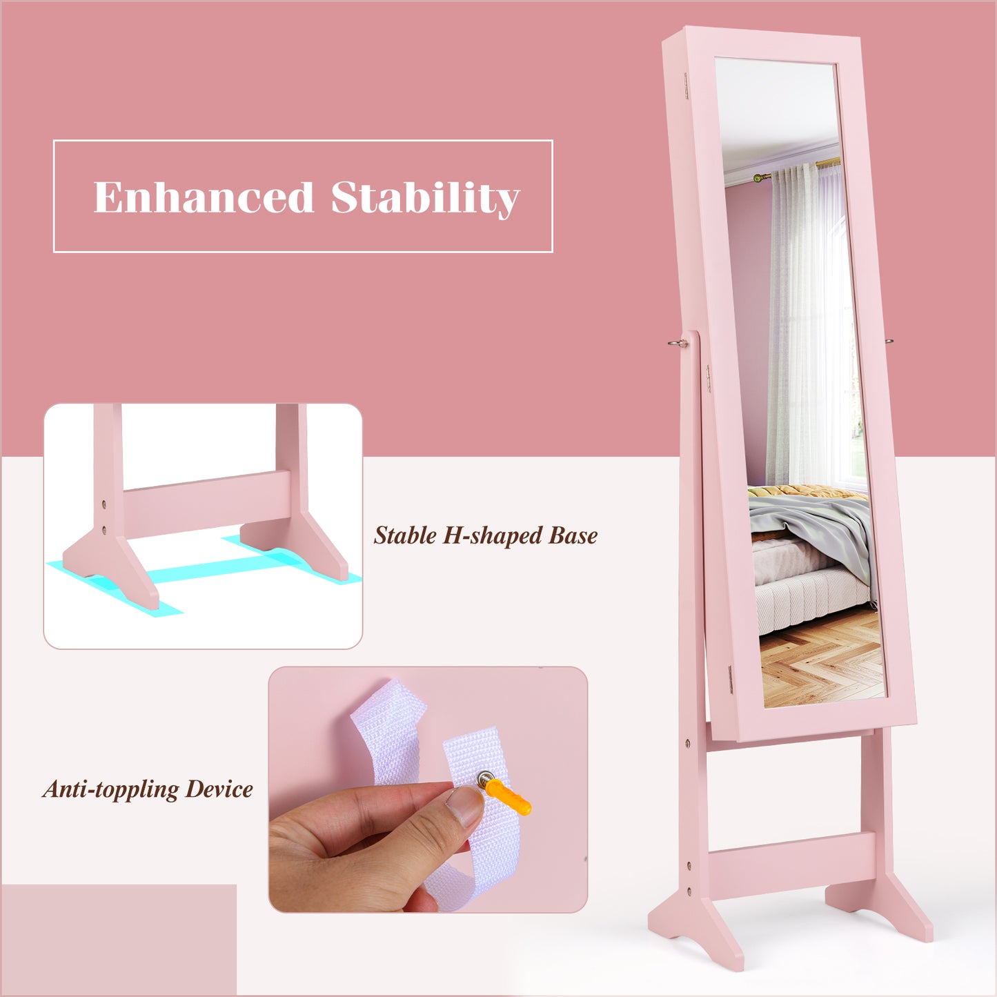 Mirrored Standing Jewelry Cabinet Storage Box, Pink Jewelry Armoires at Gallery Canada