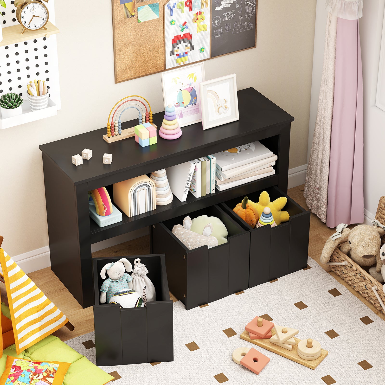 Kid Toy Storage Cabinet 3 Drawer Chest with Wheels Large Storage Cube Shelf, Black Kids Storage at Gallery Canada