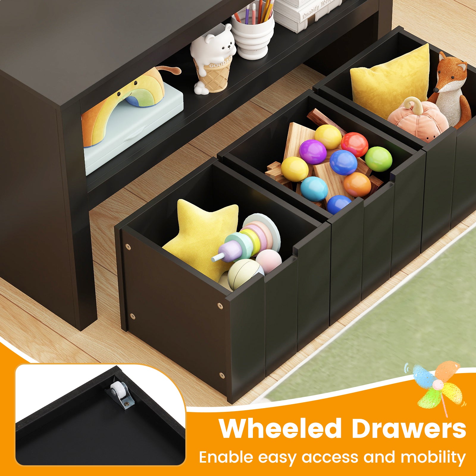 Kid Toy Storage Cabinet 3 Drawer Chest with Wheels Large Storage Cube Shelf, Black Kids Storage at Gallery Canada