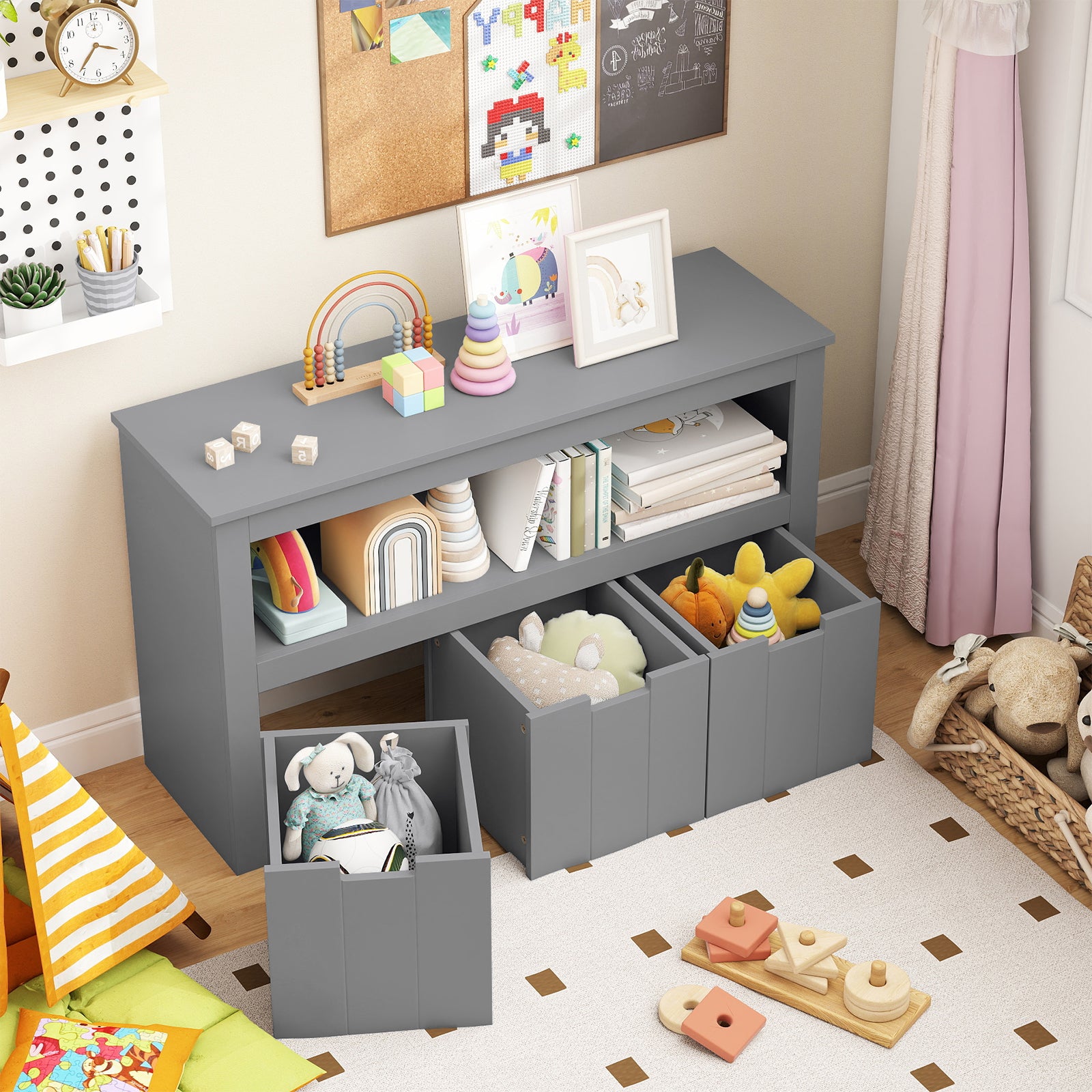 Kid Toy Storage Cabinet 3 Drawer Chest with Wheels Large Storage Cube Shelf, Gray Kids Storage at Gallery Canada