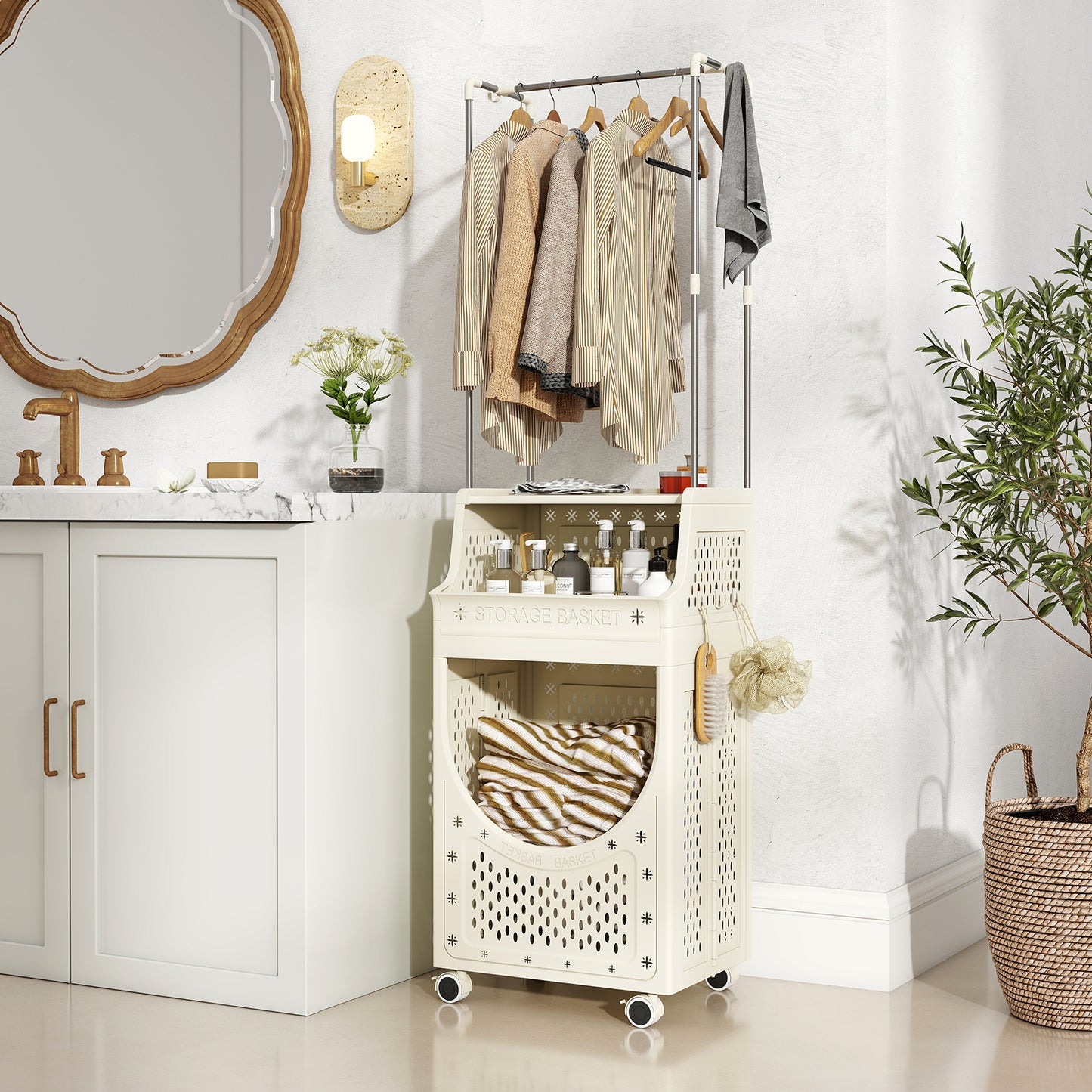3-Tiers Laundry Cart Folding Hamper with Hanging Bar and 8 Hanging Hooks, Beige Laundry Baskets at Gallery Canada