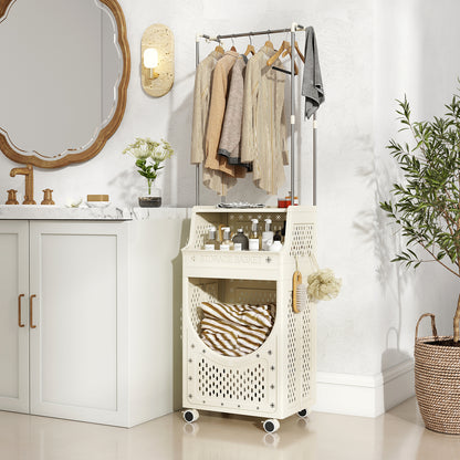 3-Tiers Laundry Cart Folding Hamper with Hanging Bar and 8 Hanging Hooks, Beige Laundry Baskets at Gallery Canada