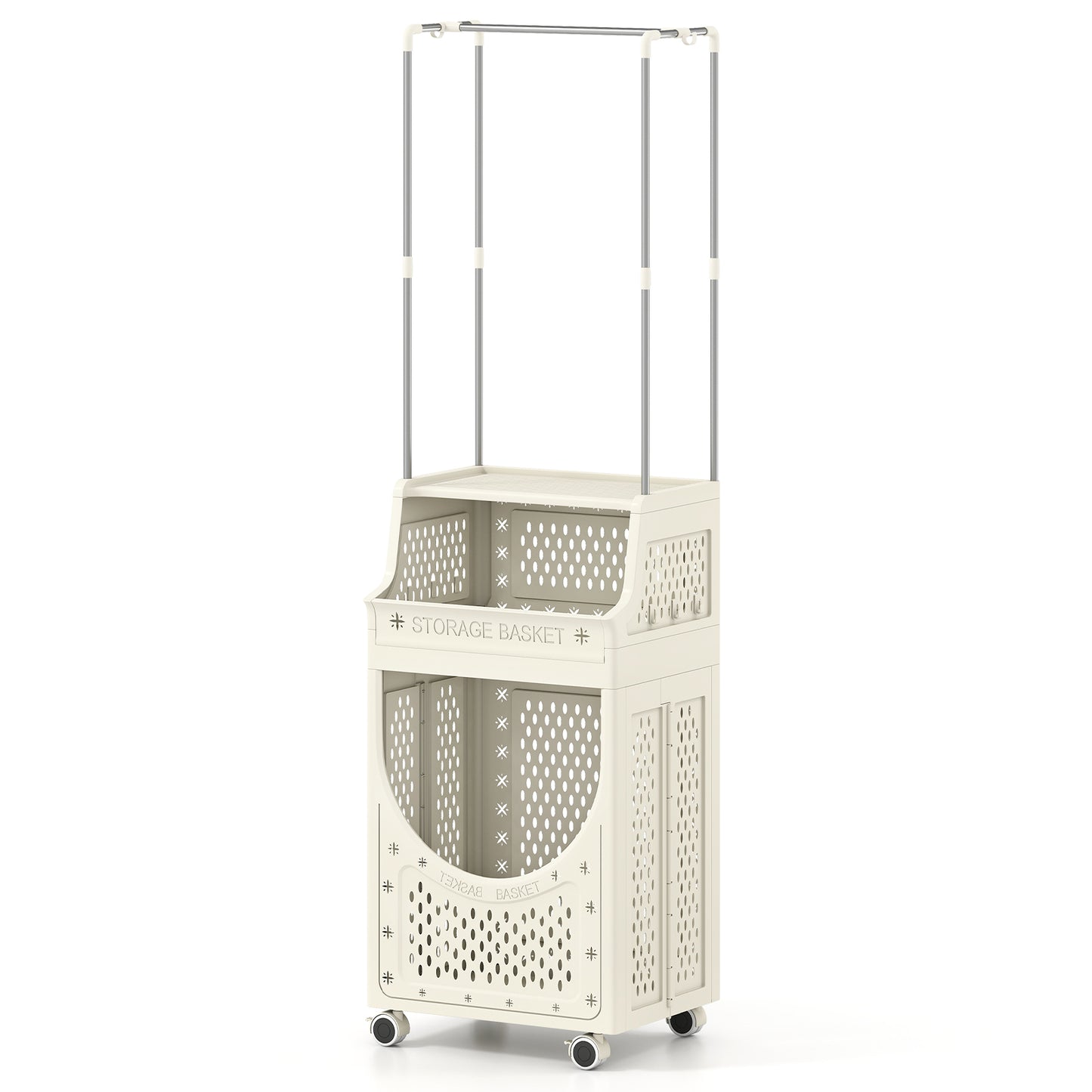3-Tier Laundry Cart, Folding Hamper With Hanging Bar, 8 Hooks, Beige Laundry Baskets Beige at Gallery Canada