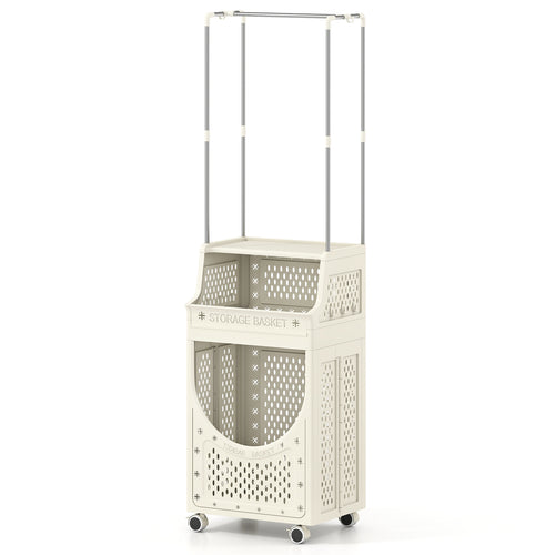 3-Tier Laundry Cart, Folding Hamper With Hanging Bar, 8 Hooks, Beige