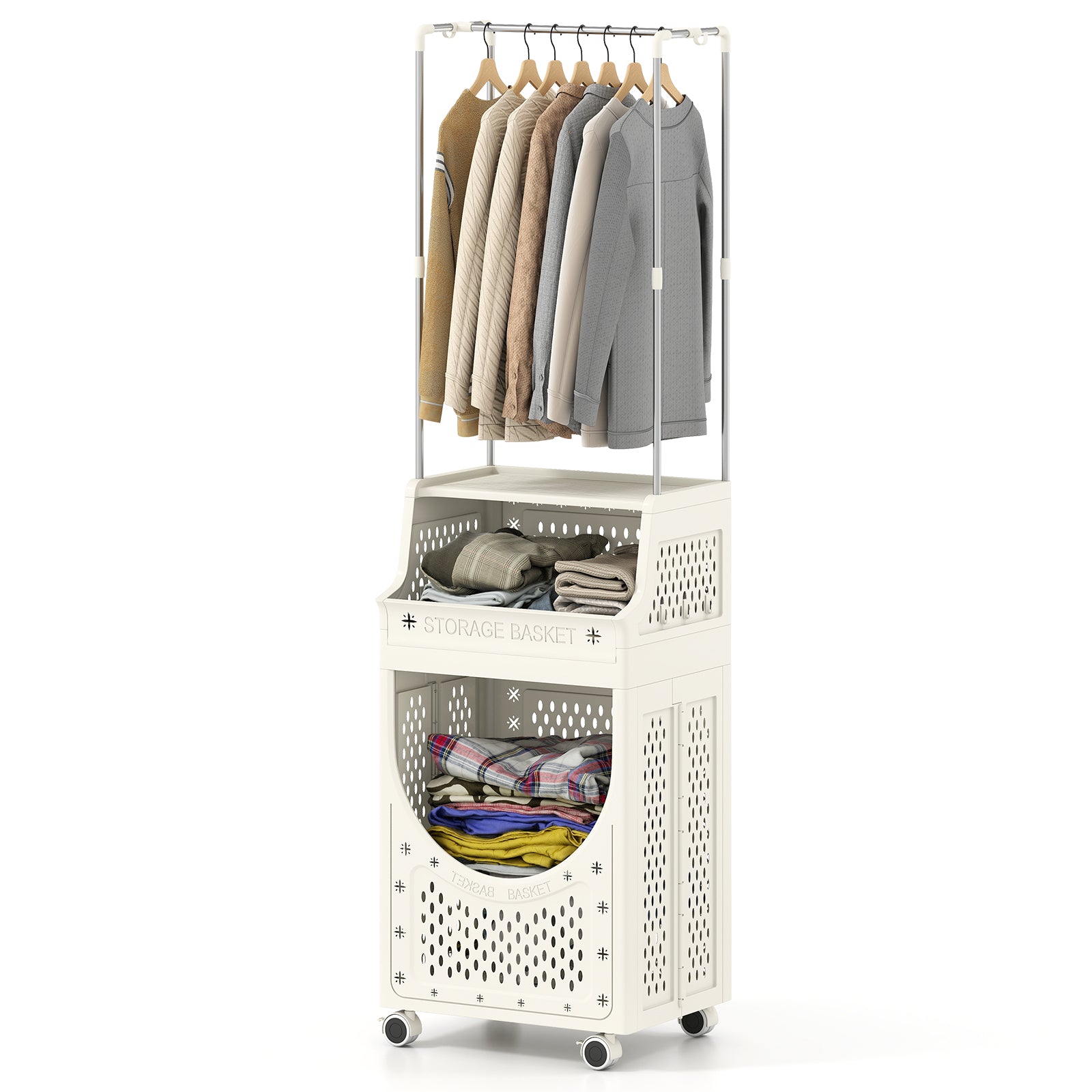 3-Tiers Laundry Cart Folding Hamper with Hanging Bar and 8 Hanging Hooks, Beige Laundry Baskets at Gallery Canada