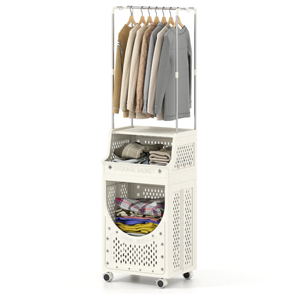 3-Tiers Laundry Cart Folding Hamper with Hanging Bar and 8 Hanging Hooks, Beige Laundry Baskets at Gallery Canada