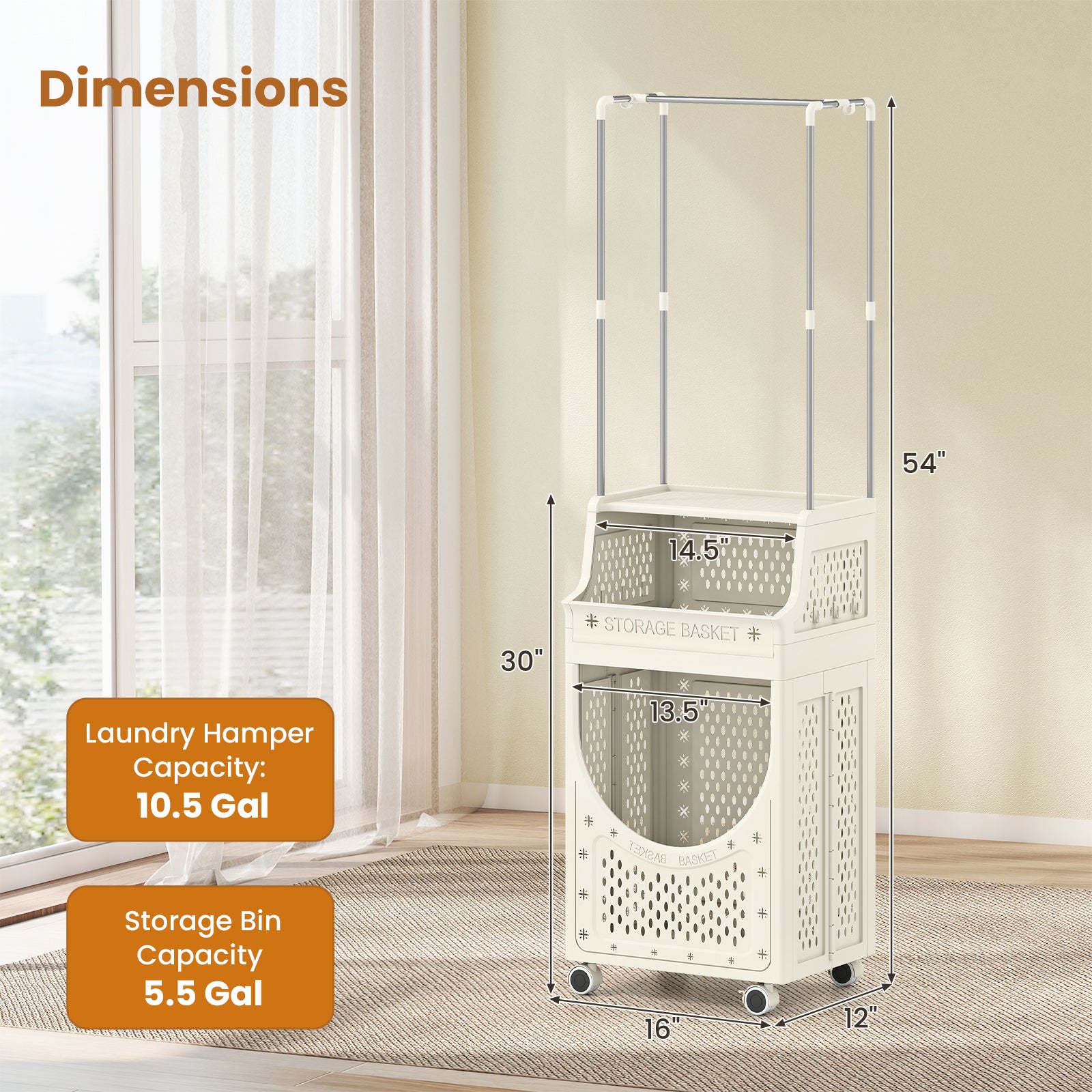 3-Tiers Laundry Cart Folding Hamper with Hanging Bar and 8 Hanging Hooks, Beige Laundry Baskets at Gallery Canada
