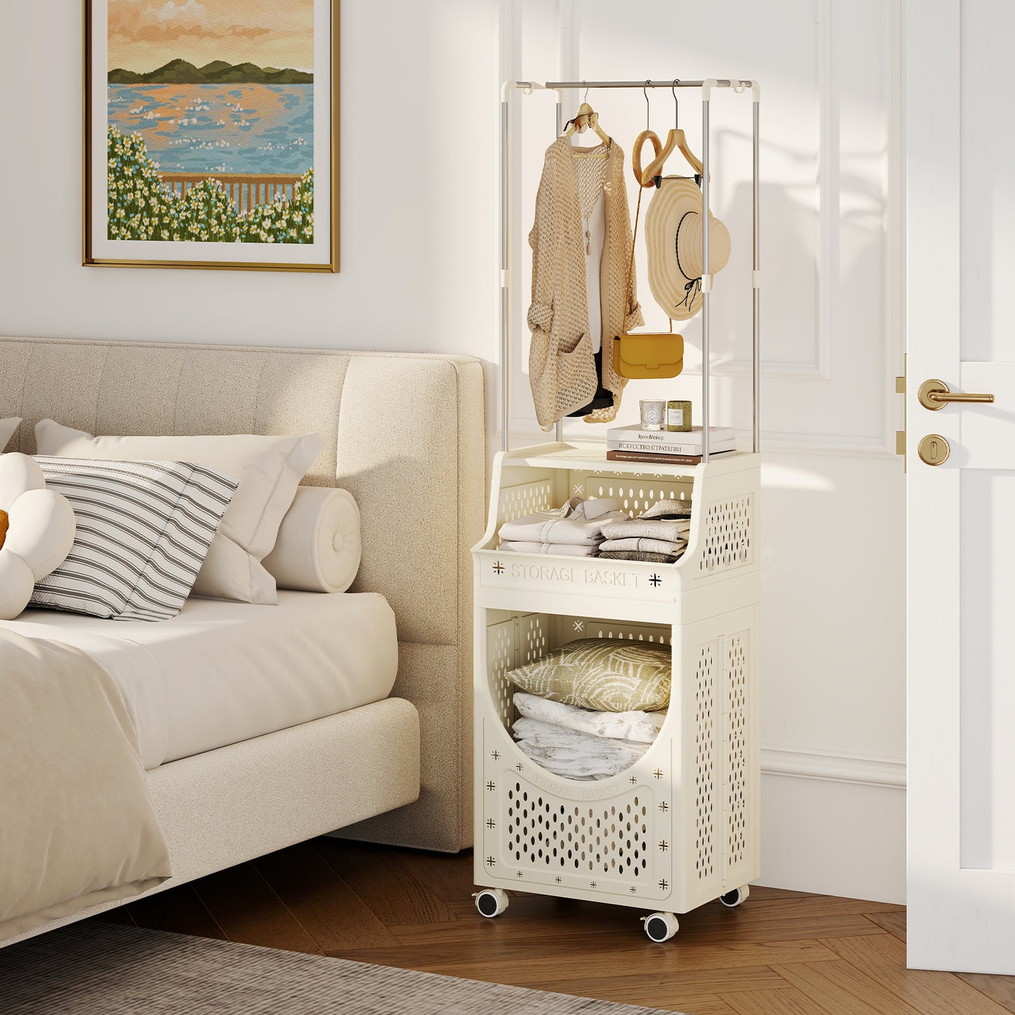 3-Tiers Laundry Cart Folding Hamper with Hanging Bar and 8 Hanging Hooks, Beige Laundry Baskets at Gallery Canada