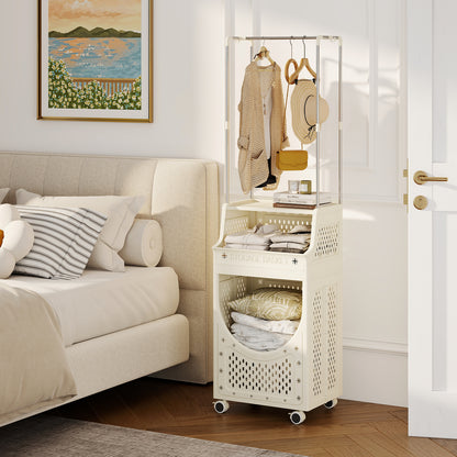 3-Tiers Laundry Cart Folding Hamper with Hanging Bar and 8 Hanging Hooks, Beige Laundry Baskets at Gallery Canada