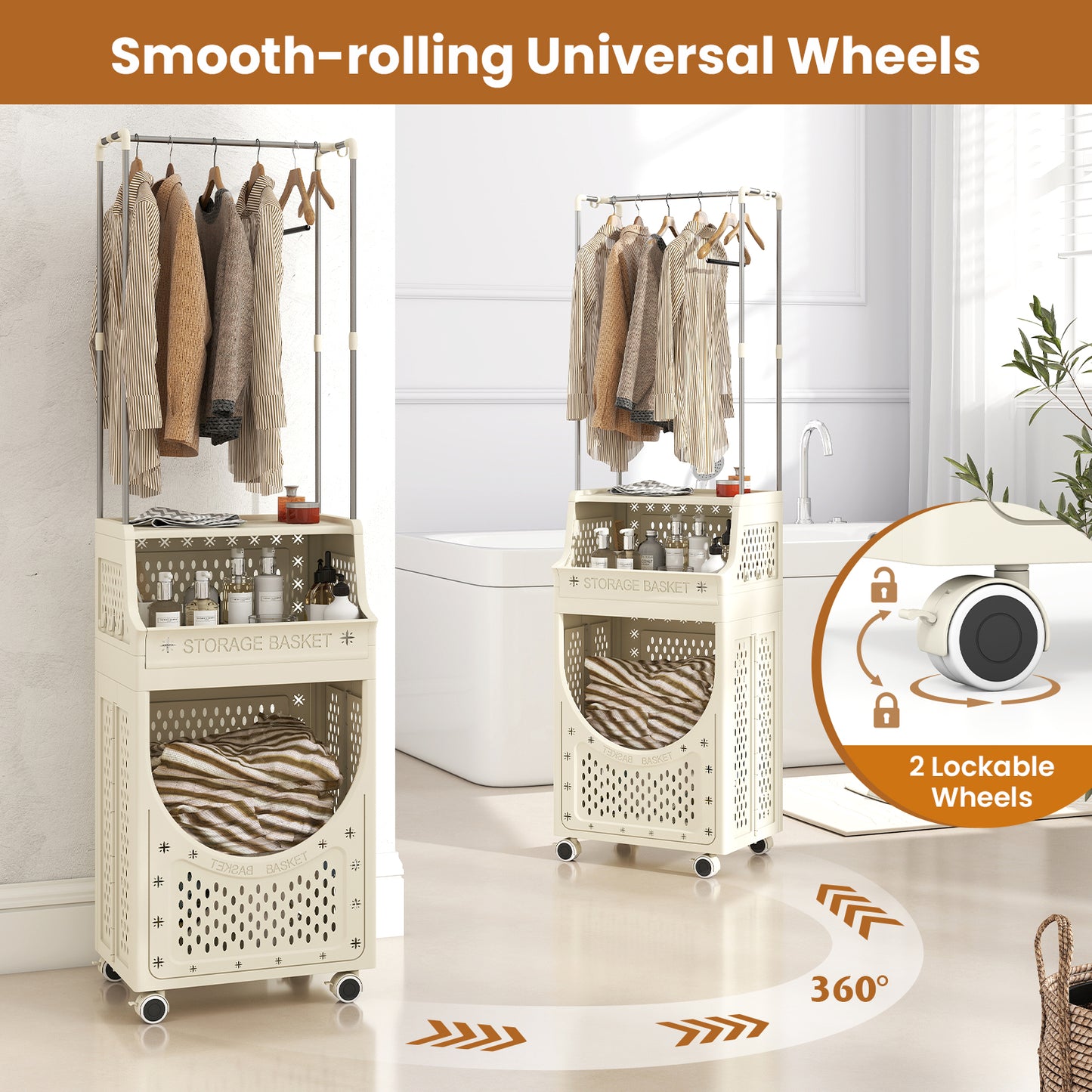 3-Tiers Laundry Cart Folding Hamper with Hanging Bar and 8 Hanging Hooks, Beige Laundry Baskets at Gallery Canada