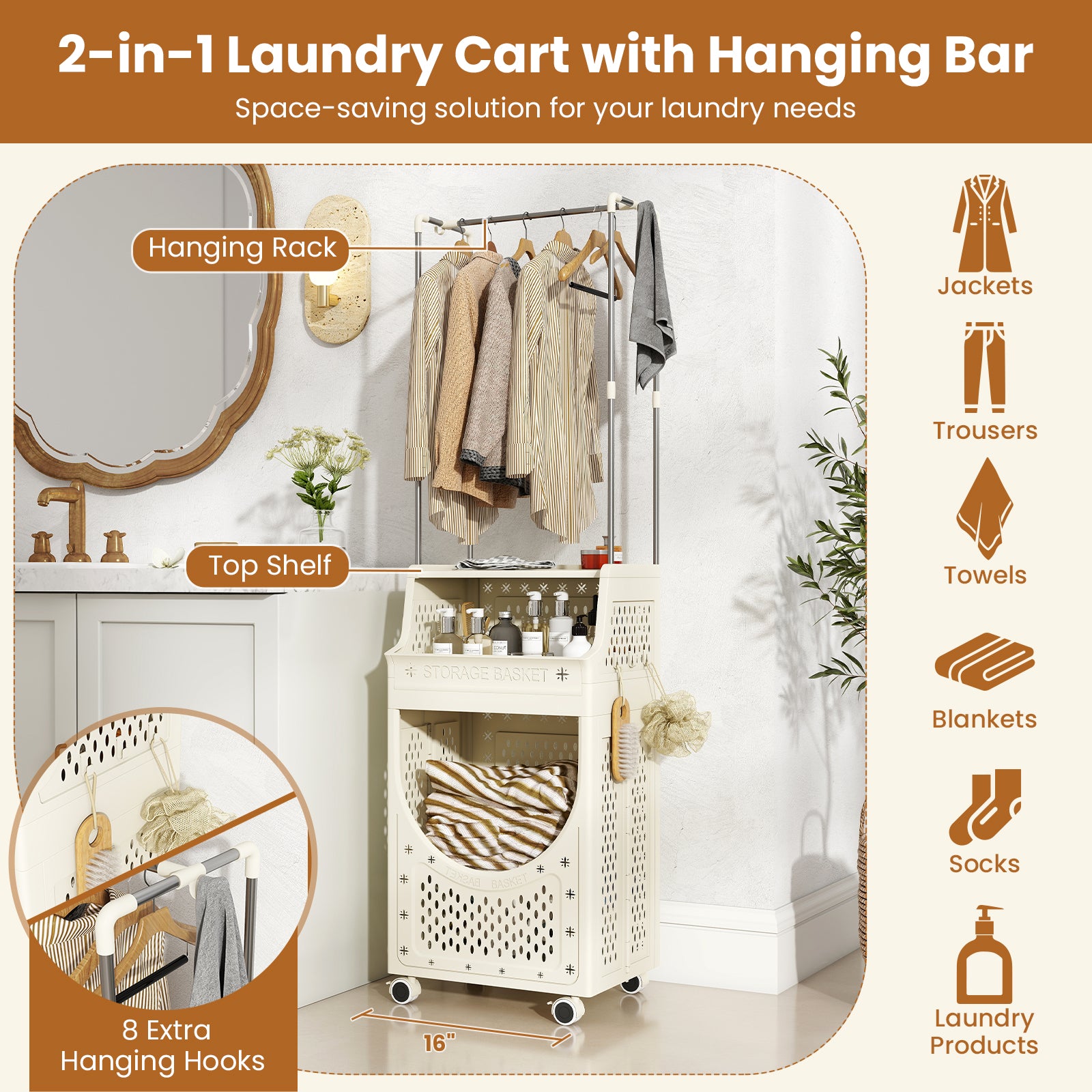 3-Tiers Laundry Cart Folding Hamper with Hanging Bar and 8 Hanging Hooks, Beige Laundry Baskets at Gallery Canada