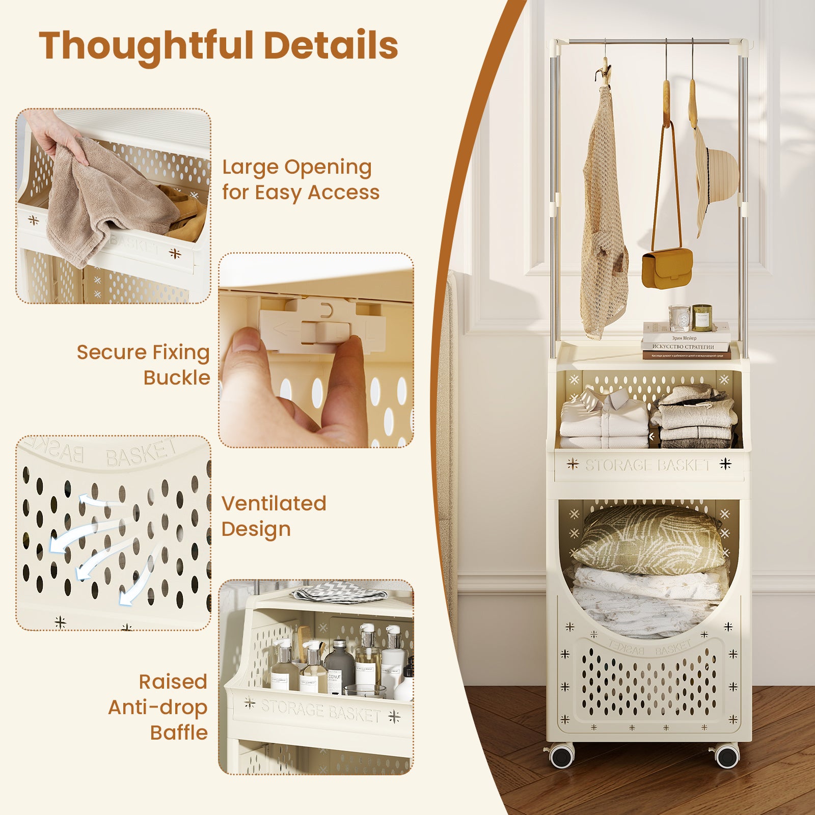 3-Tiers Laundry Cart Folding Hamper with Hanging Bar and 8 Hanging Hooks, Beige Laundry Baskets at Gallery Canada