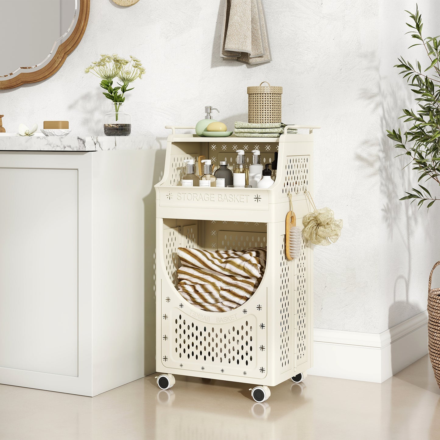 3-Tier Laundry Cart Folding Hamper with Lockable Wheels, Beige Laundry Baskets at Gallery Canada