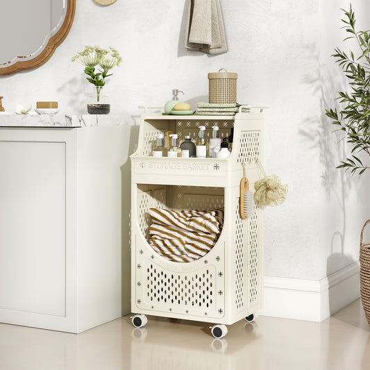 3-Tier Laundry Cart Folding Hamper with Lockable Wheels, Beige Laundry Baskets Beige at Gallery Canada