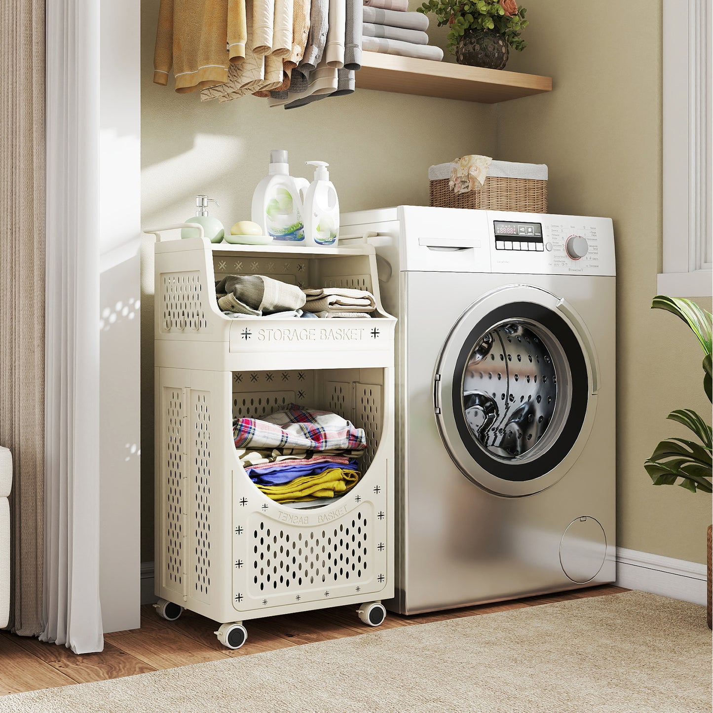 3-Tier Laundry Cart Folding Hamper with Lockable Wheels, Beige Laundry Baskets at Gallery Canada