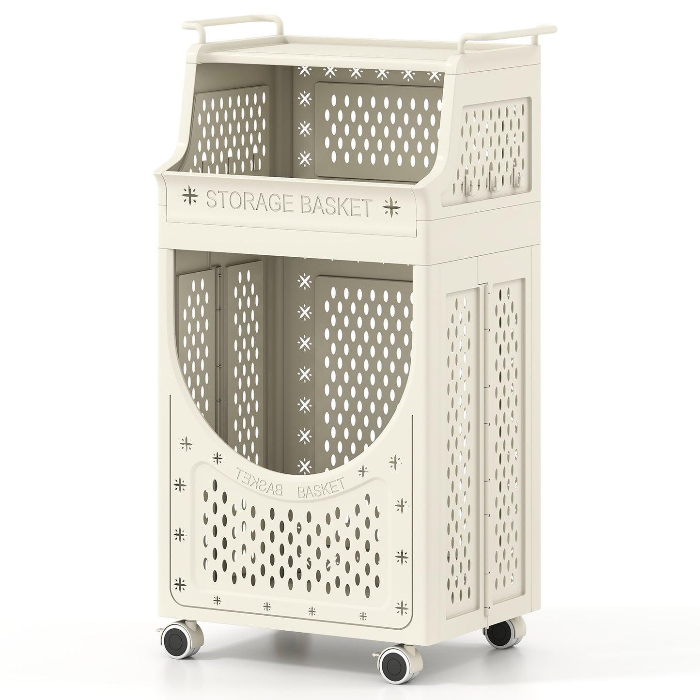 3-Tier Laundry Cart Folding Hamper with Lockable Wheels, Beige Laundry Baskets at Gallery Canada