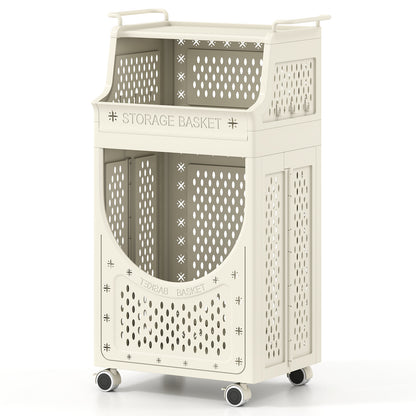 3-Tier Laundry Cart Folding Hamper with Lockable Wheels, Beige Laundry Baskets Beige at Gallery Canada