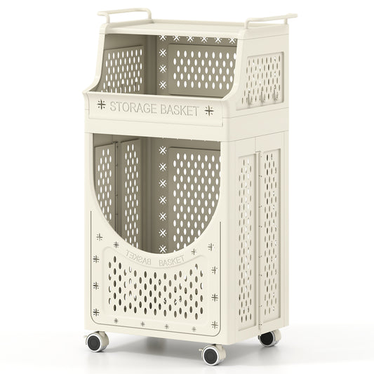 3-Tier Laundry Cart Folding Hamper with Lockable Wheels, Beige Laundry Baskets Beige at Gallery Canada
