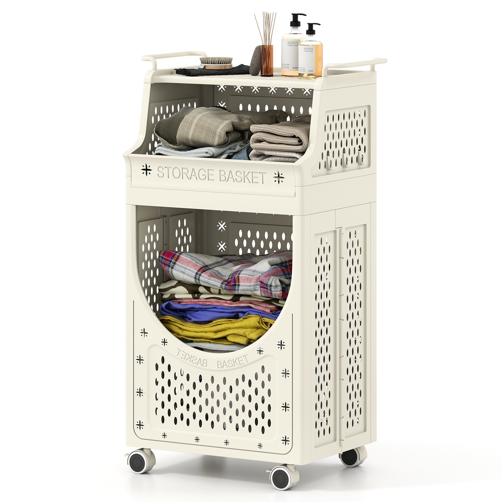 3-Tier Laundry Cart Folding Hamper with Lockable Wheels, Beige Laundry Baskets at Gallery Canada