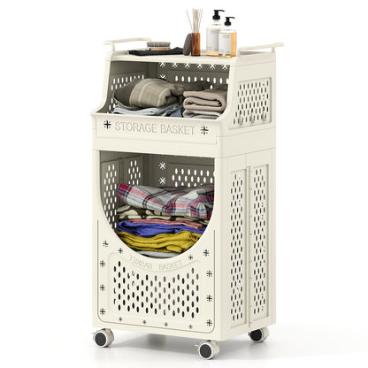 3-Tier Laundry Cart Folding Hamper with Lockable Wheels, Beige Laundry Baskets at Gallery Canada