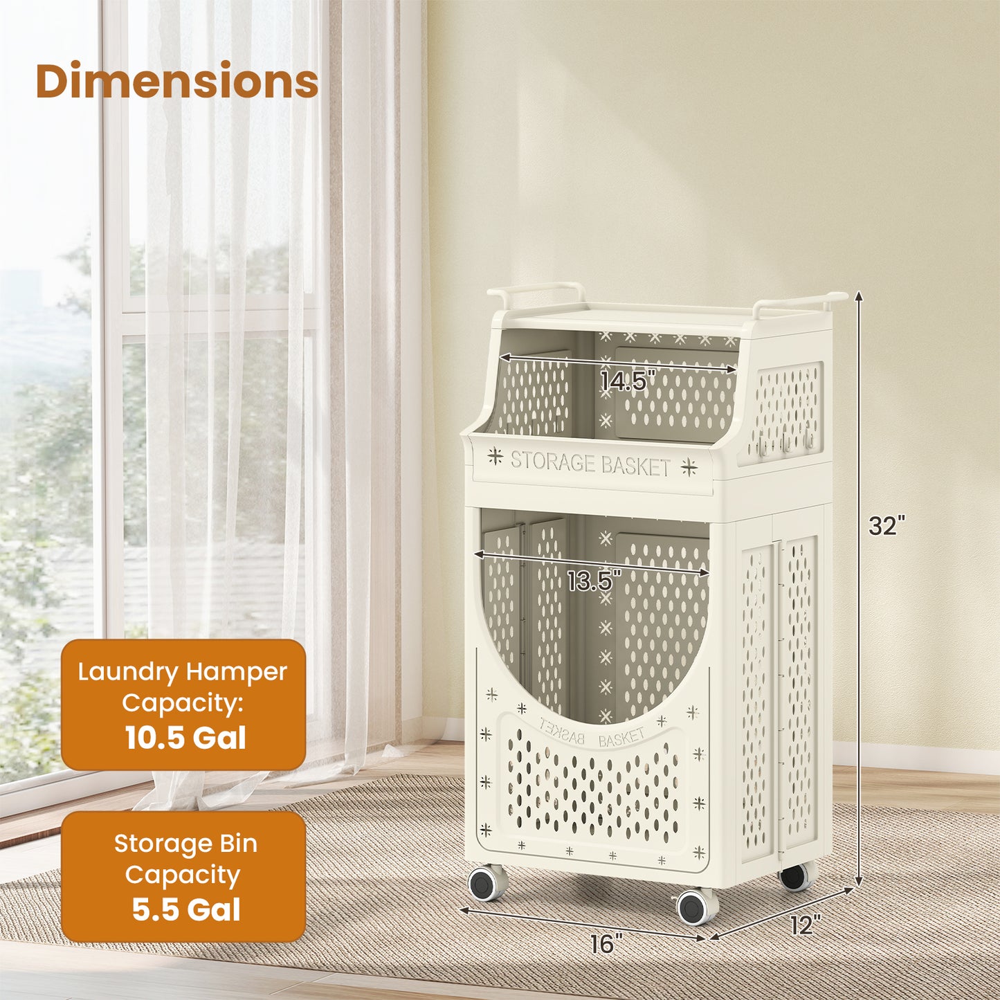 3-Tier Laundry Cart Folding Hamper with Lockable Wheels, Beige Laundry Baskets at Gallery Canada