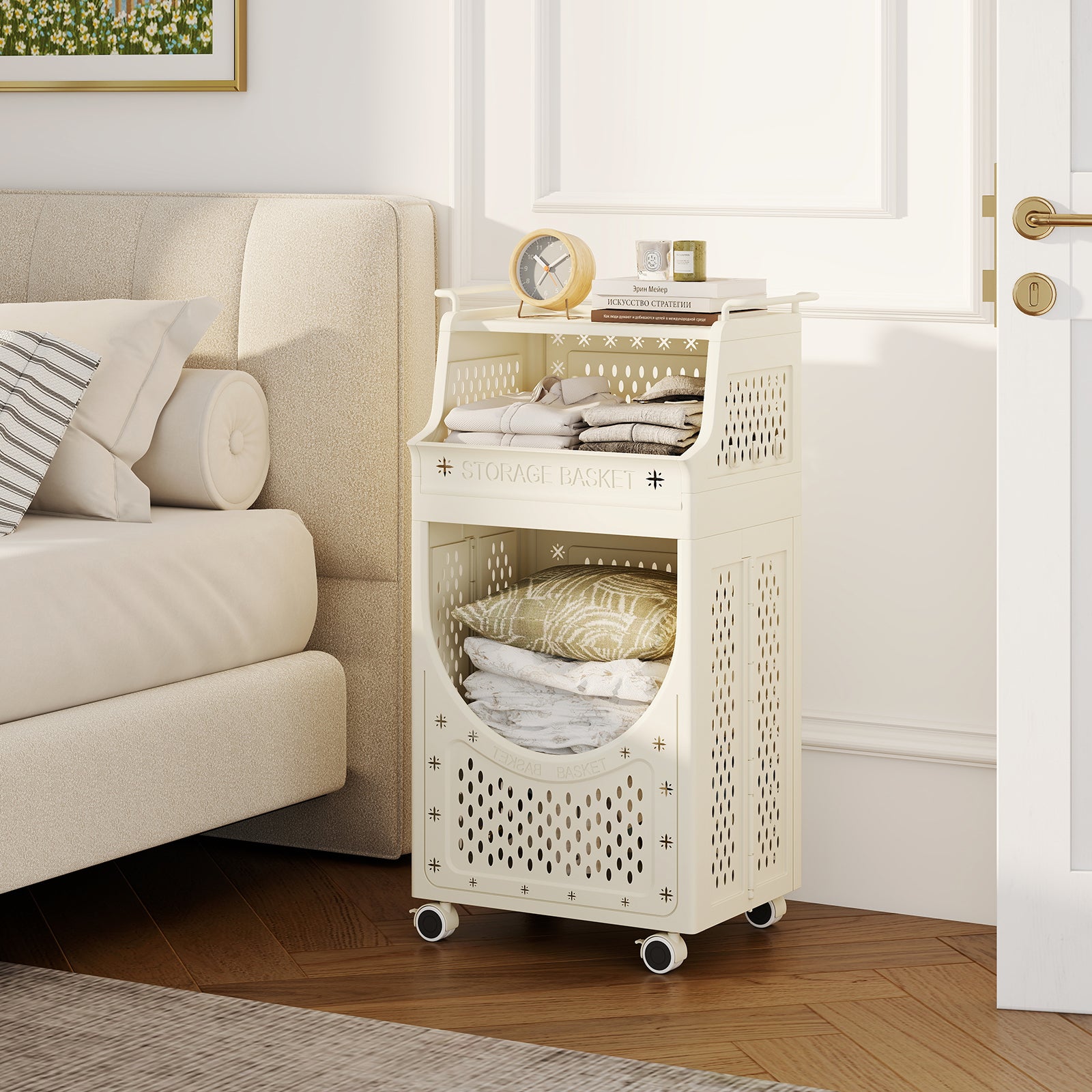 3-Tier Laundry Cart Folding Hamper with Lockable Wheels, Beige Laundry Baskets at Gallery Canada