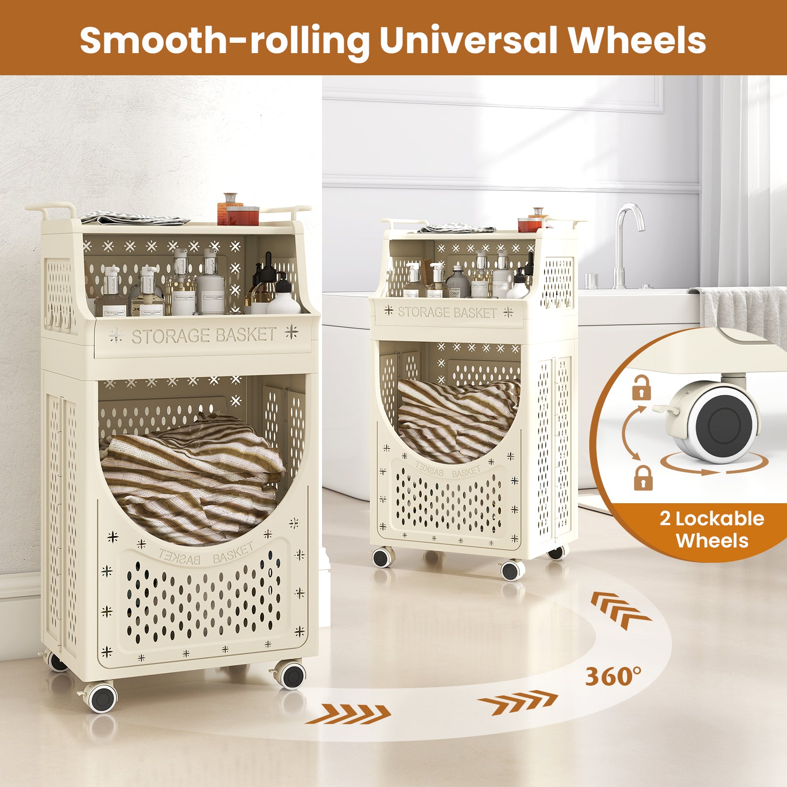 3-Tier Laundry Cart Folding Hamper with Lockable Wheels, Beige Laundry Baskets at Gallery Canada