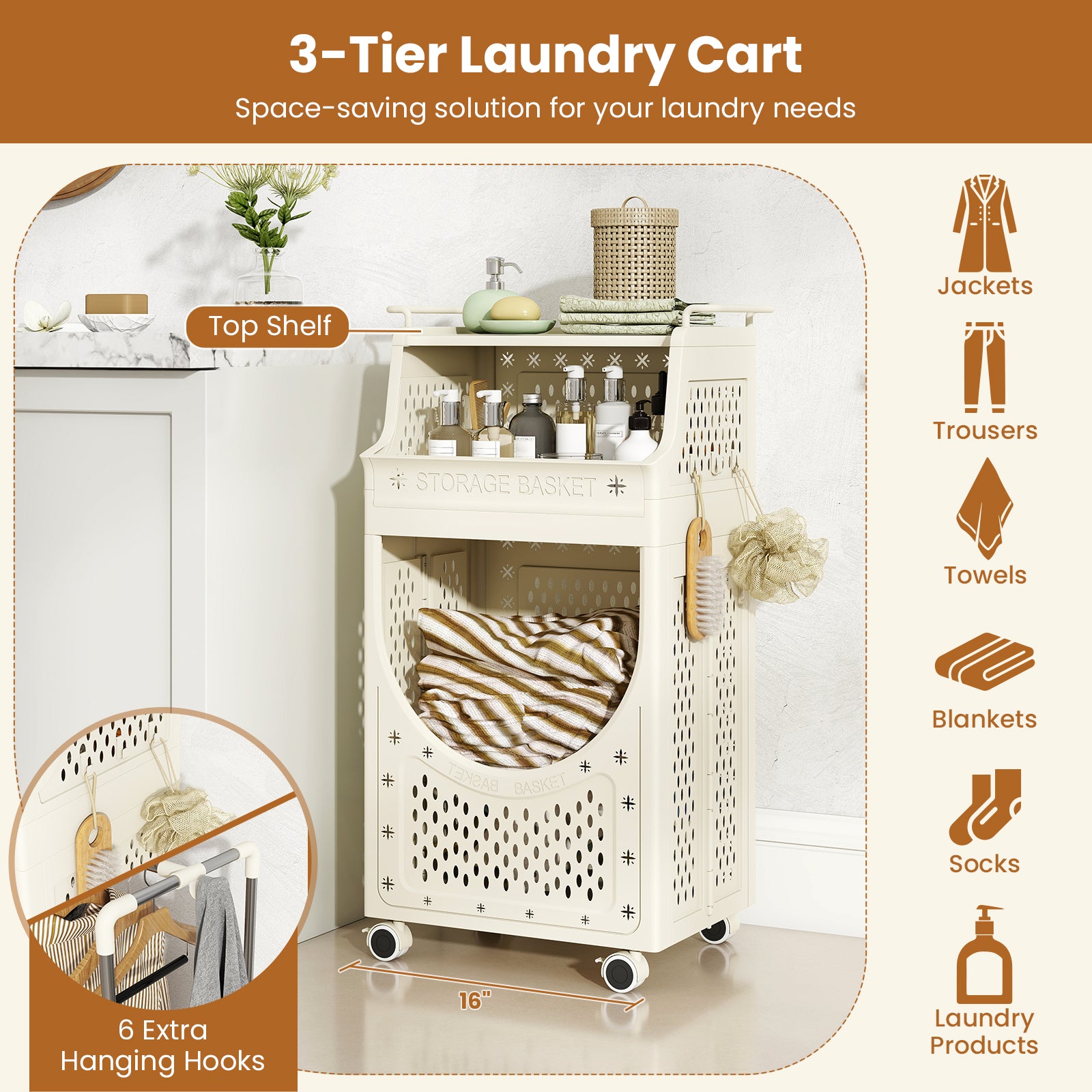 3-Tier Laundry Cart Folding Hamper with Lockable Wheels, Beige Laundry Baskets at Gallery Canada