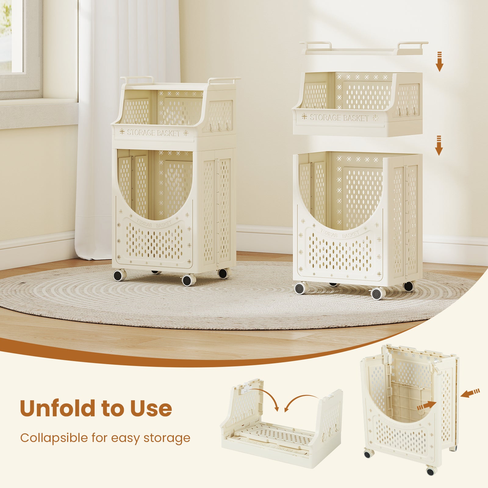 3-Tier Laundry Cart Folding Hamper with Lockable Wheels, Beige Laundry Baskets at Gallery Canada