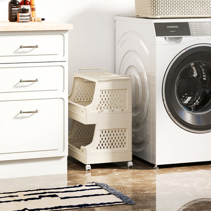 3-Tier Rolling Laundry Basket with Wheels Plastic Storage Cart with Side Hooks, Beige Laundry Baskets at Gallery Canada