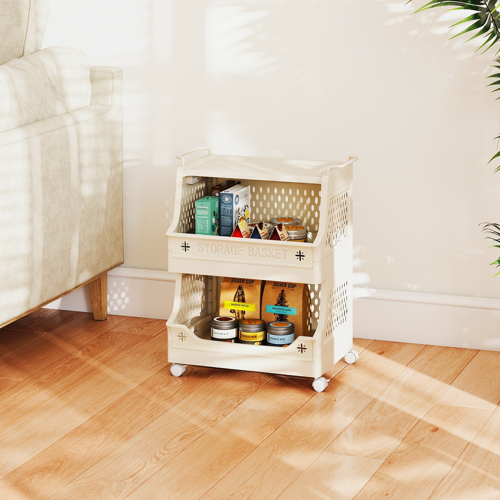 3-Tier Rolling Laundry Basket with Wheels Plastic Storage Cart with Side Hooks, Beige Laundry Baskets at Gallery Canada