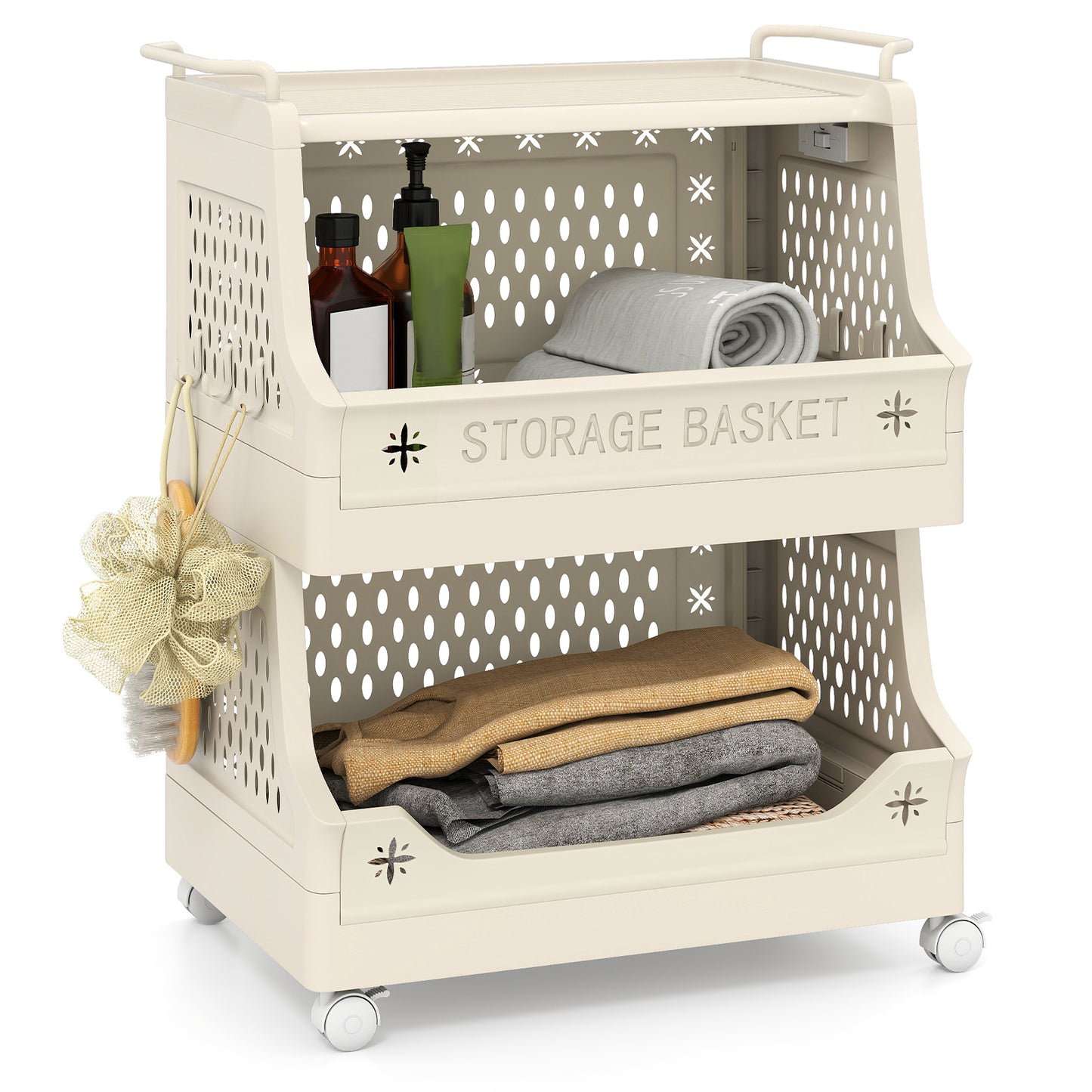 3-Tier Rolling Laundry Basket with Wheels Plastic Storage Cart with Side Hooks, Beige Laundry Baskets at Gallery Canada