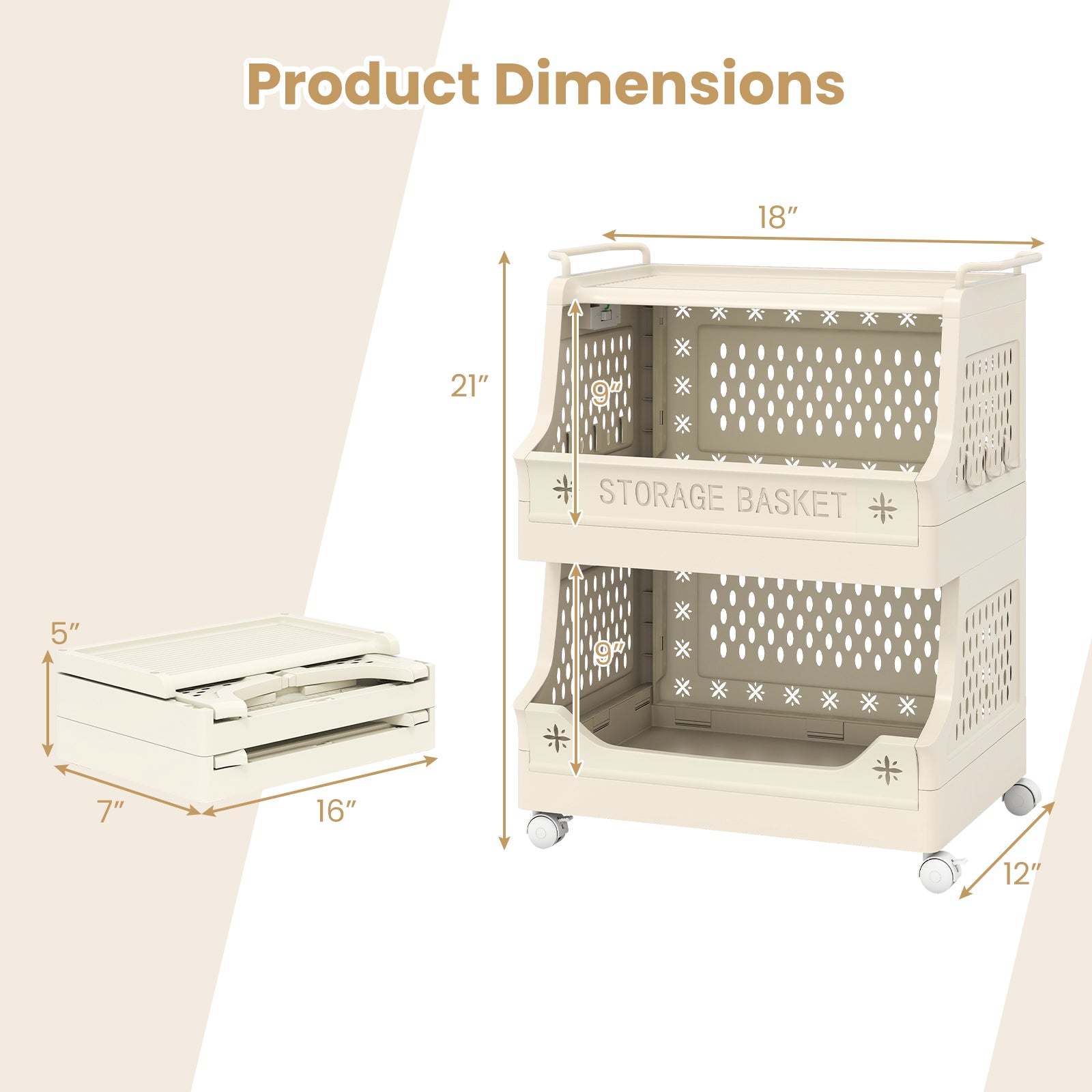 3-Tier Rolling Laundry Basket with Wheels Plastic Storage Cart with Side Hooks, Beige Laundry Baskets at Gallery Canada