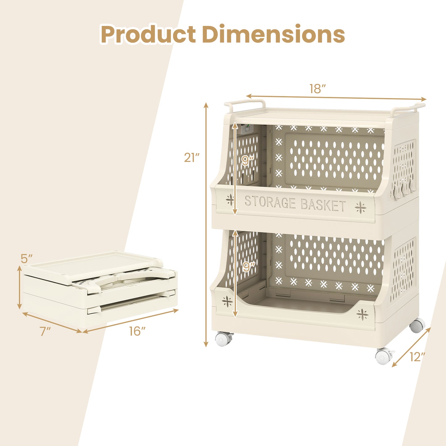 3-Tier Rolling Laundry Basket with Wheels Plastic Storage Cart with Side Hooks, Beige Laundry Baskets at Gallery Canada