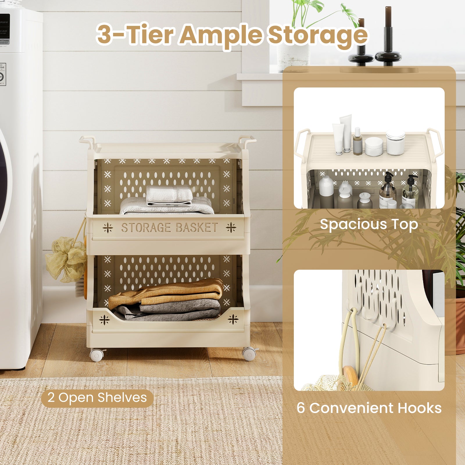3-Tier Rolling Laundry Basket with Wheels Plastic Storage Cart with Side Hooks, Beige Laundry Baskets at Gallery Canada