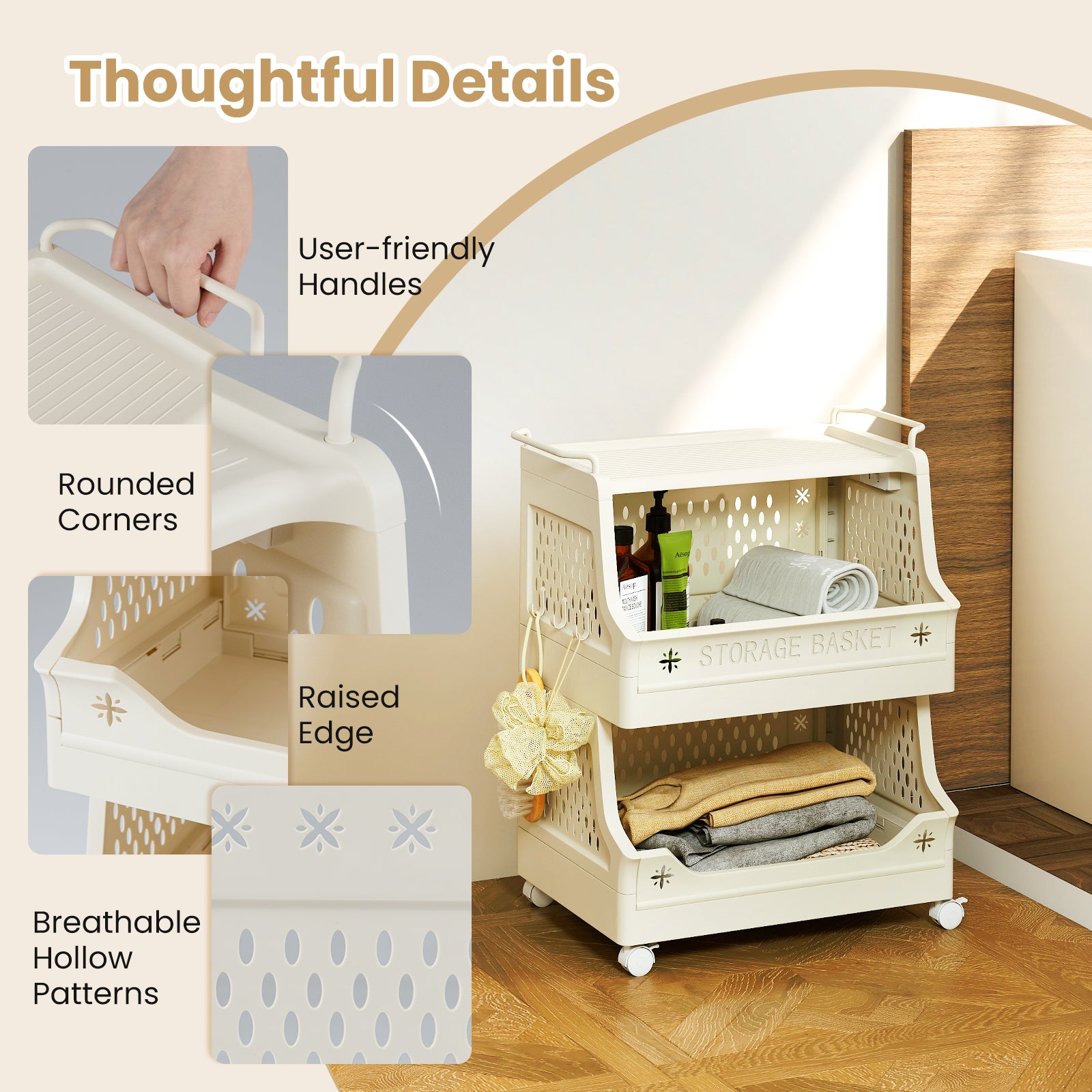 3-Tier Rolling Laundry Basket with Wheels Plastic Storage Cart with Side Hooks, Beige Laundry Baskets at Gallery Canada