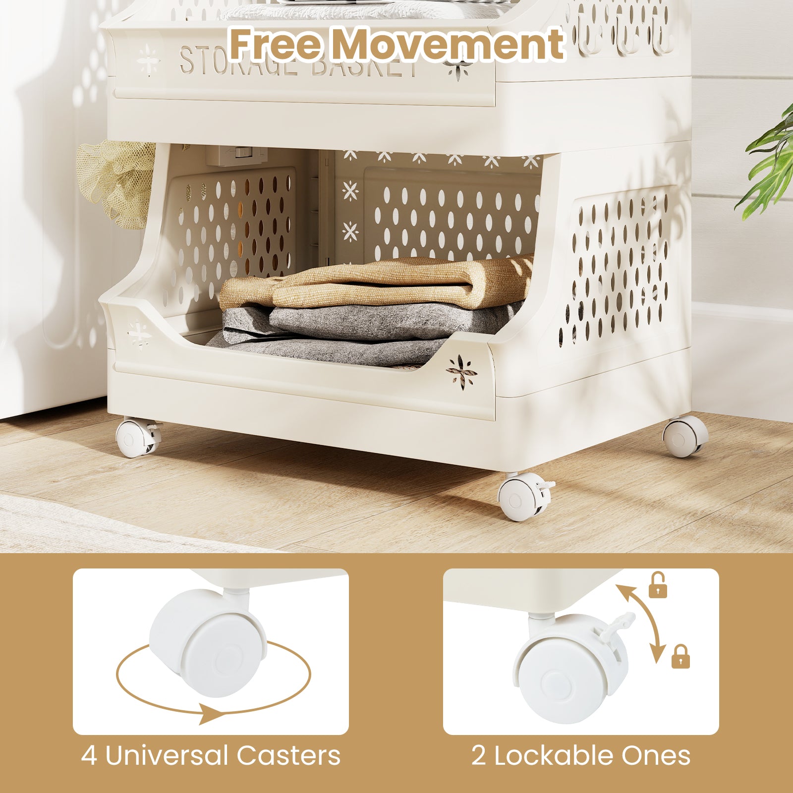 3-Tier Rolling Laundry Basket with Wheels Plastic Storage Cart with Side Hooks, Beige Laundry Baskets at Gallery Canada