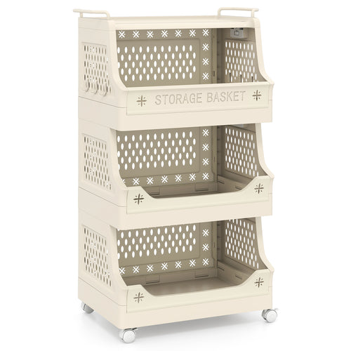 4-Tier Rolling Laundry Basket, Plastic Storage Cart With Wheels, Beige
