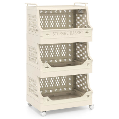 4-Tier Rolling Laundry Basket with Wheels Plastic Storage Cart with Side Hooks, Beige Laundry Baskets Beige at Gallery Canada