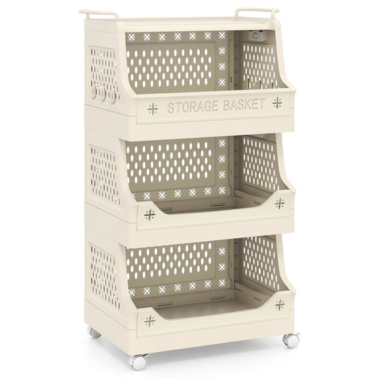 4-Tier Rolling Laundry Basket with Wheels Plastic Storage Cart with Side Hooks, Beige Laundry Baskets Beige at Gallery Canada
