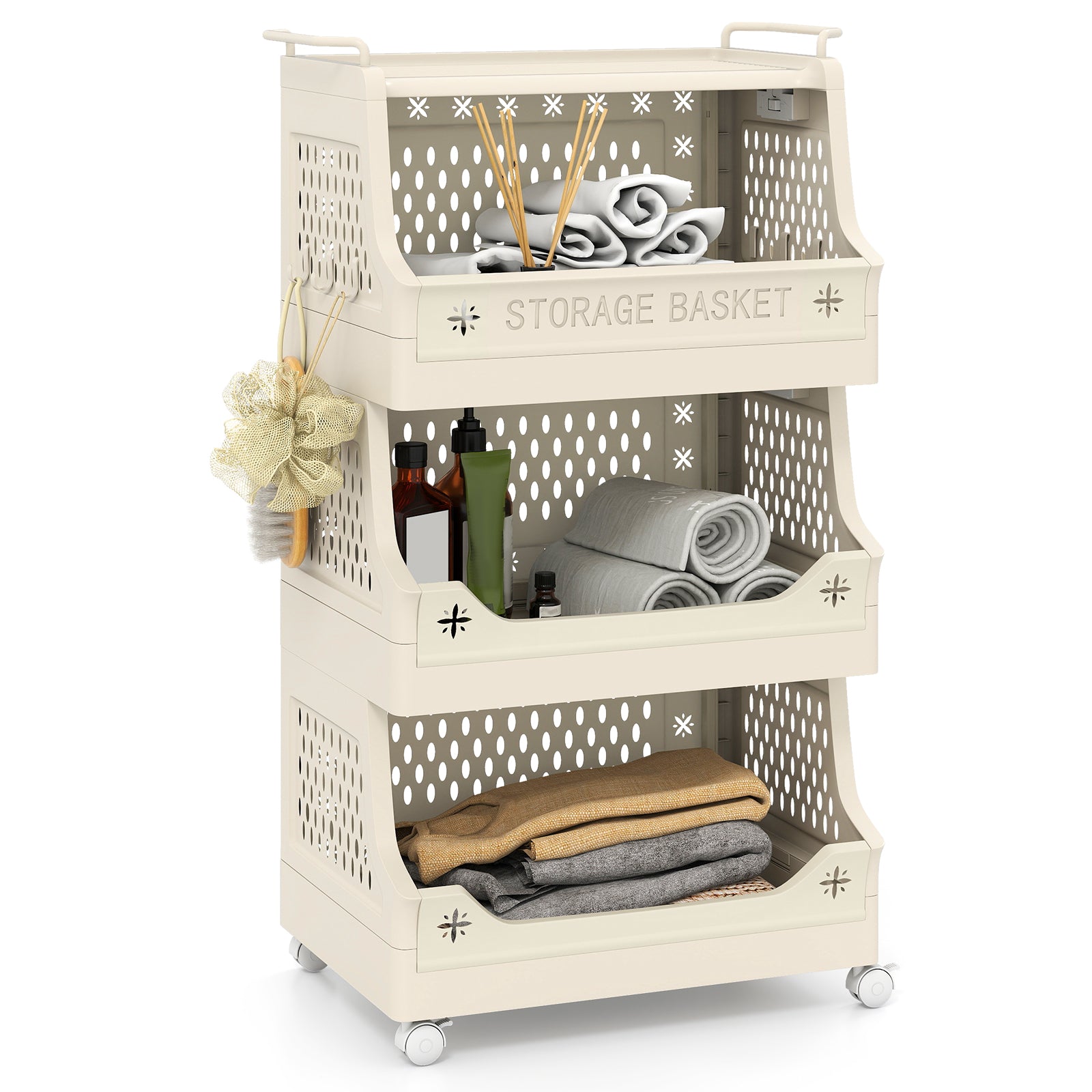 4-Tier Rolling Laundry Basket with Wheels Plastic Storage Cart with Side Hooks, Beige Laundry Baskets at Gallery Canada