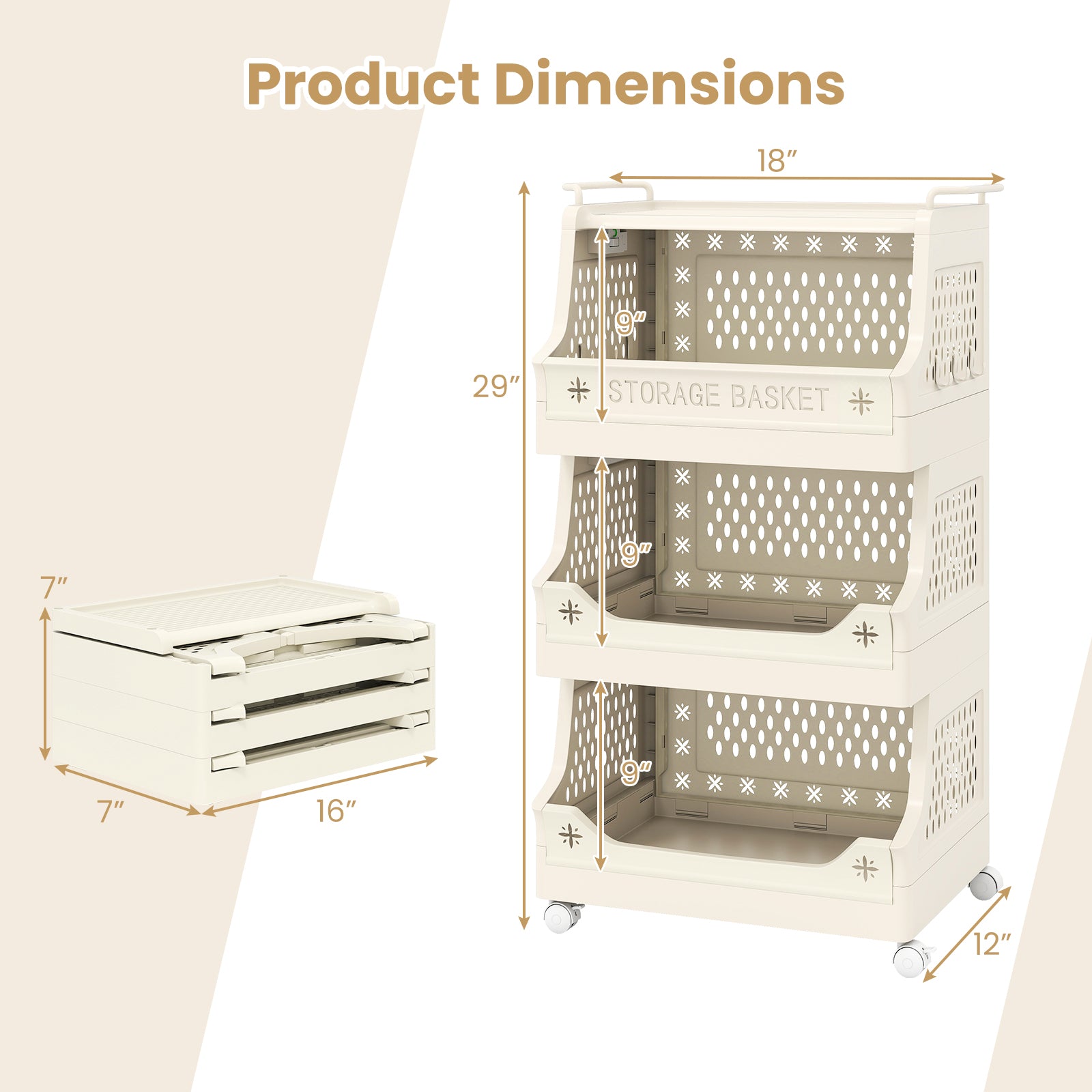 4-Tier Rolling Laundry Basket with Wheels Plastic Storage Cart with Side Hooks, Beige Laundry Baskets at Gallery Canada