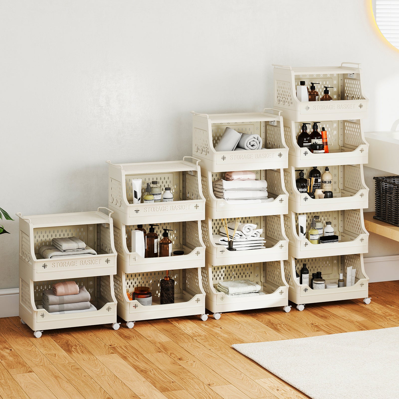 4-Tier Rolling Laundry Basket with Wheels Plastic Storage Cart with Side Hooks, Beige Laundry Baskets at Gallery Canada
