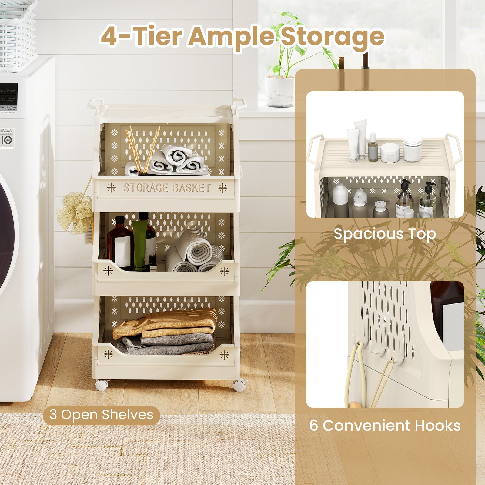 4-Tier Rolling Laundry Basket with Wheels Plastic Storage Cart with Side Hooks, Beige Laundry Baskets at Gallery Canada