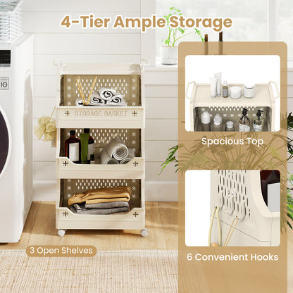 4-Tier Rolling Laundry Basket with Wheels Plastic Storage Cart with Side Hooks, Beige Laundry Baskets at Gallery Canada