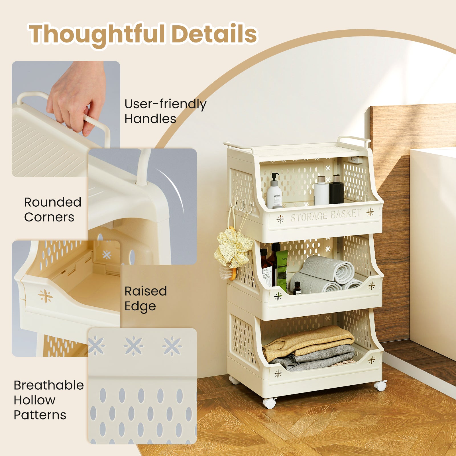 4-Tier Rolling Laundry Basket with Wheels Plastic Storage Cart with Side Hooks, Beige Laundry Baskets at Gallery Canada