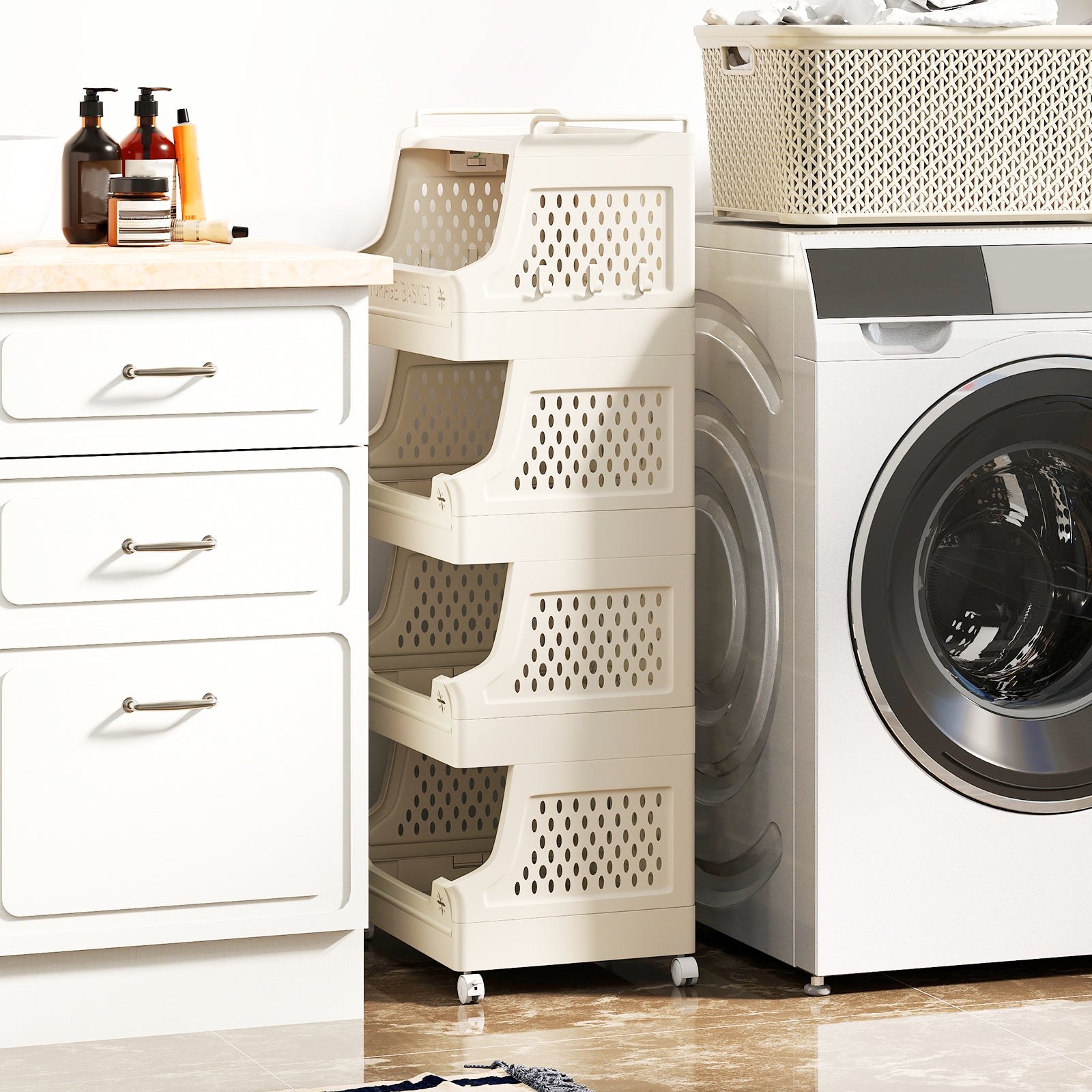 5-Tier Rolling Laundry Basket with Wheels Plastic Storage Cart with Side Hooks, Beige Laundry Baskets at Gallery Canada